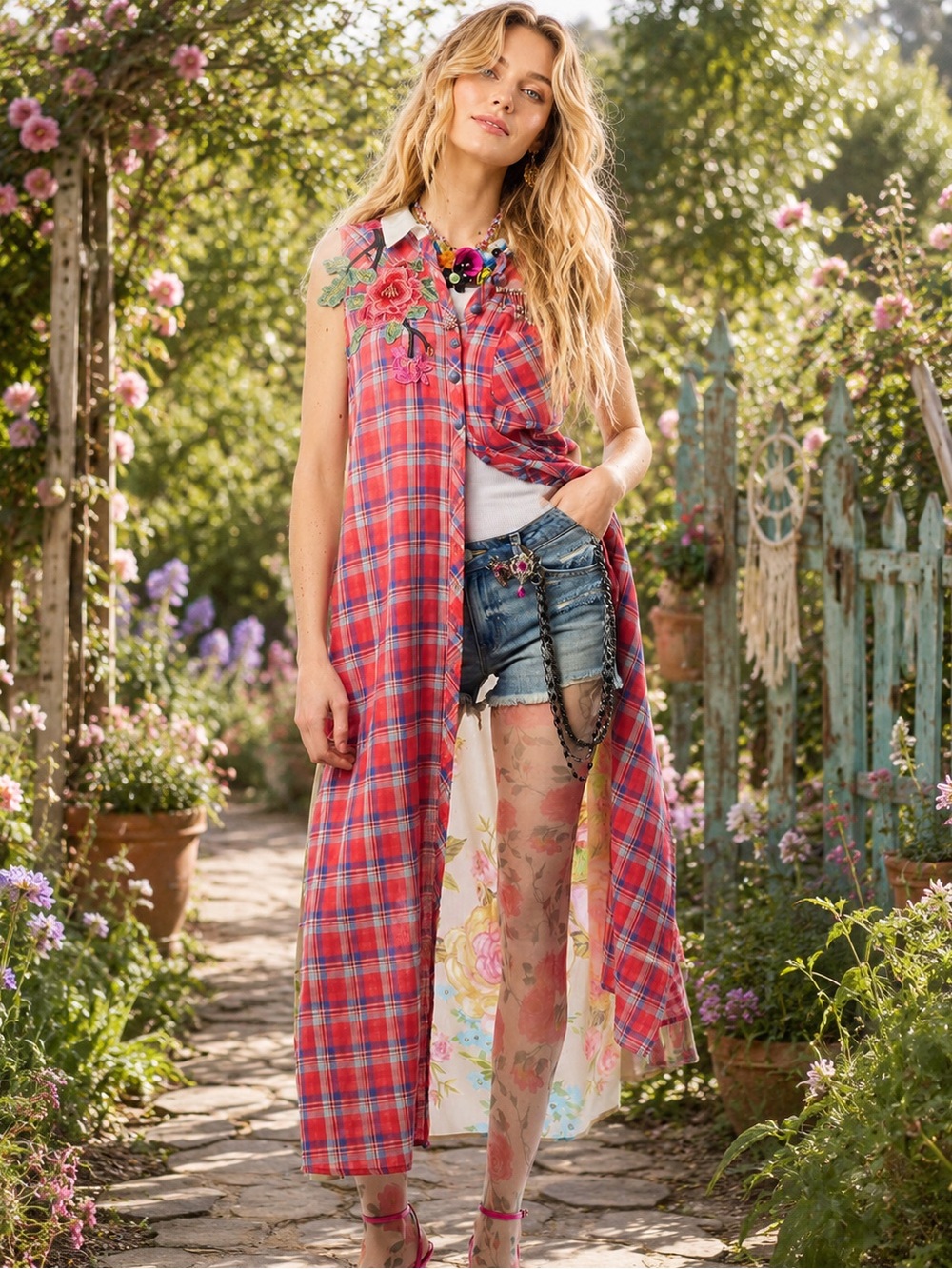 Aratta XL Red Plaid Maxi Duster with Floral Back Panel